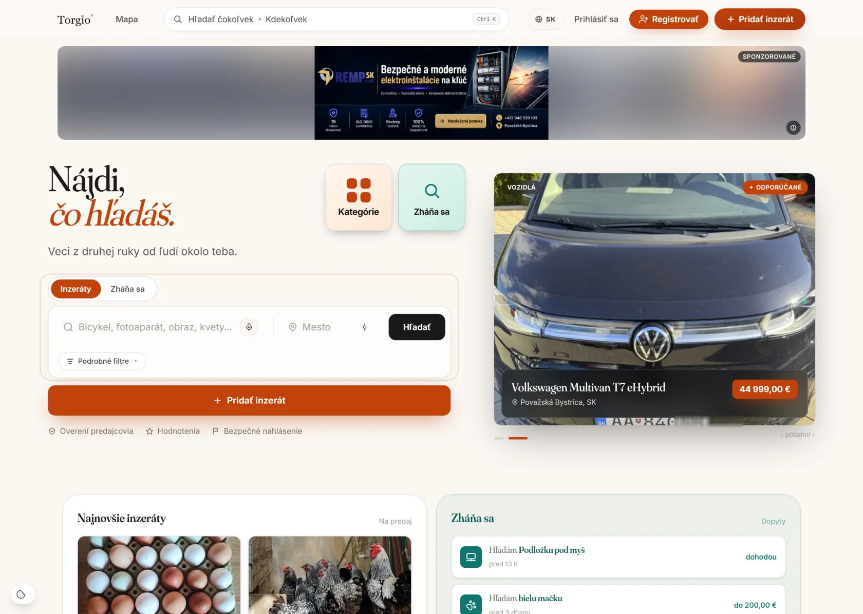 Torgio homepage: a real vehicle listing, a live sponsored ad, and voice-enabled search.