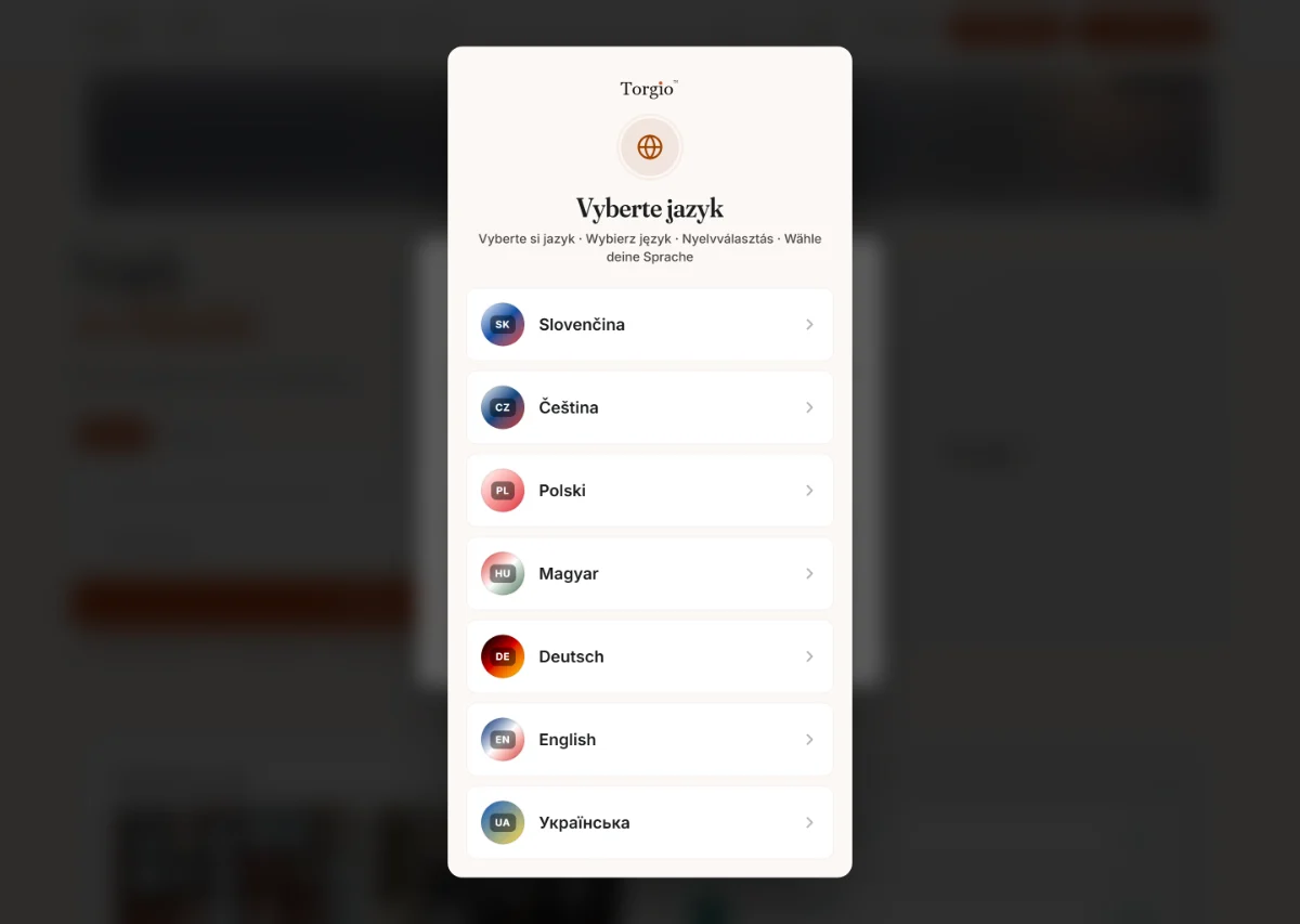 Torgio's first screen: a language chooser listing Slovenčina, Čeština, Polski, Magyar, Deutsch, English and Українська.