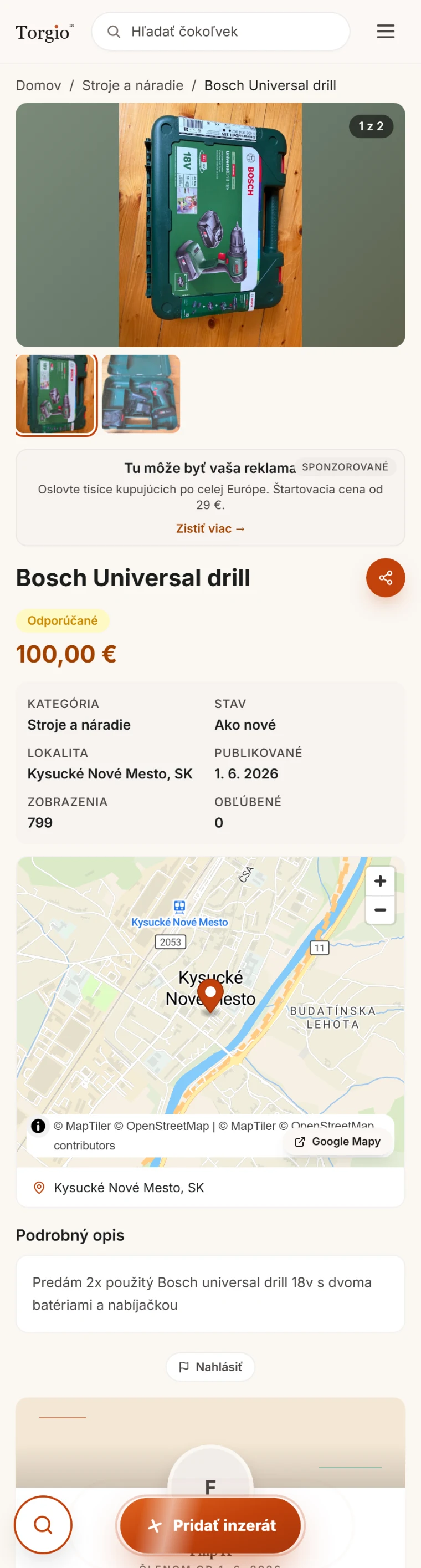 Torgio listing on mobile: gallery, price, category metadata and a postcode-level map.
