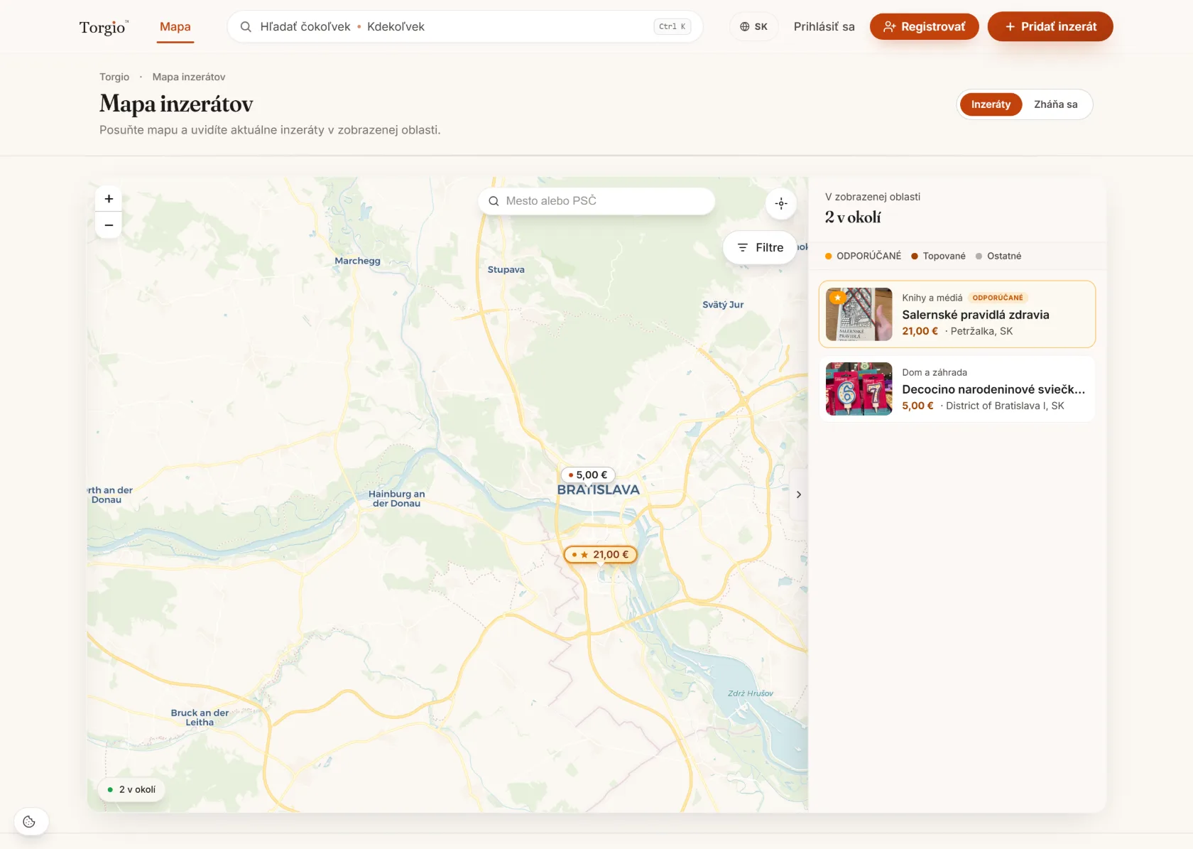 Torgio map search with postcode-level filtering across the region.